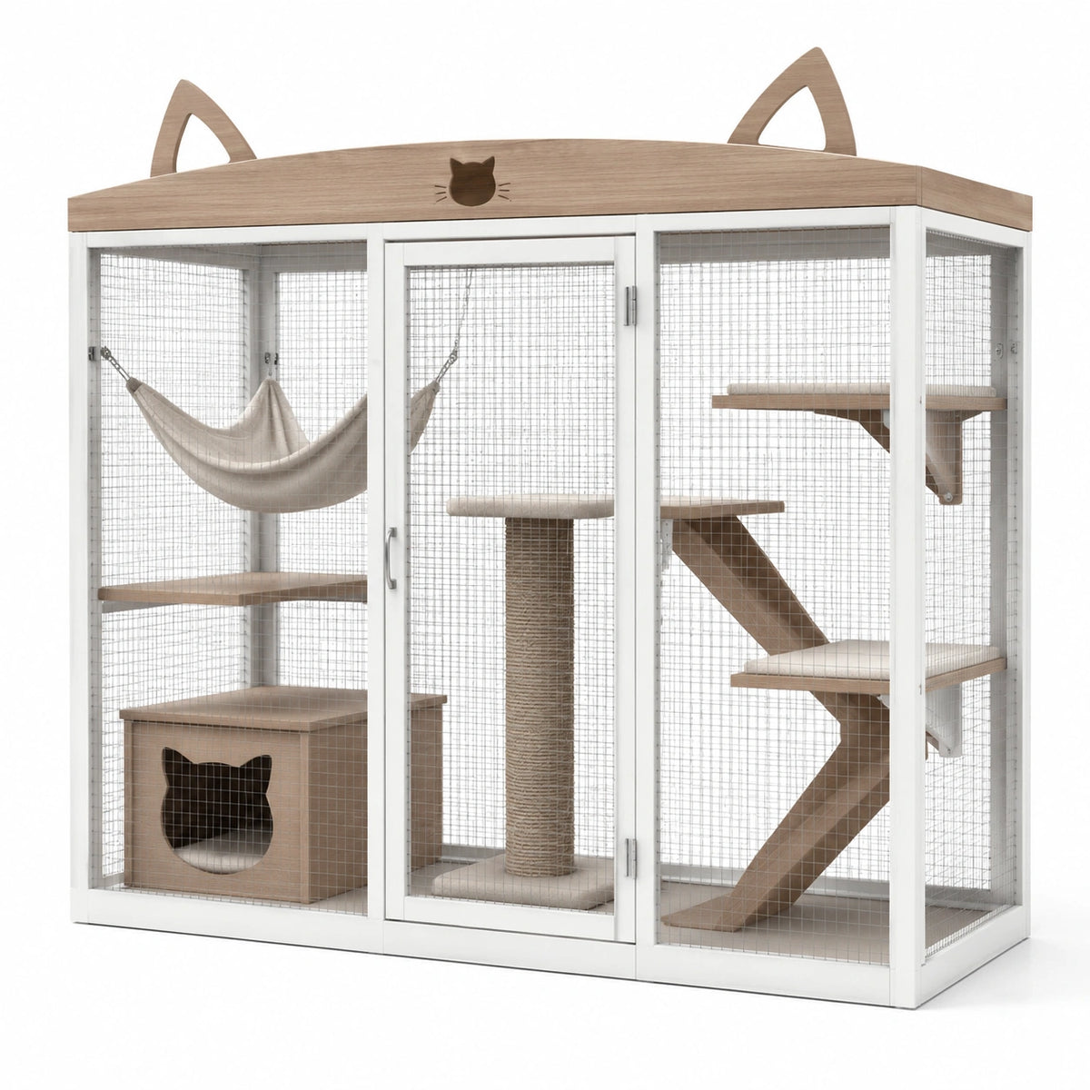 Katzengehege mit Kletterelementen, Hängematte und Höhle, 180 × 90 × 180 cm, Naturweiß/Beige