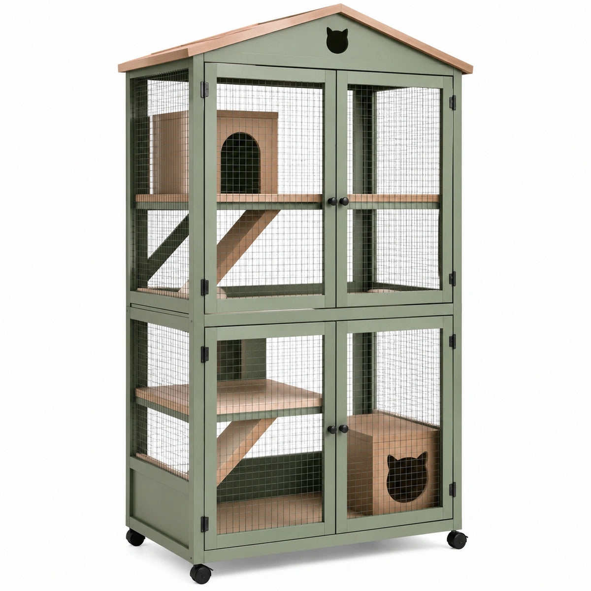 Fahrbares Katzengehege in Hausform, 90 × 60 × 180 cm, Grün/Naturholz/Schwarz mit Ebenen und Rampen