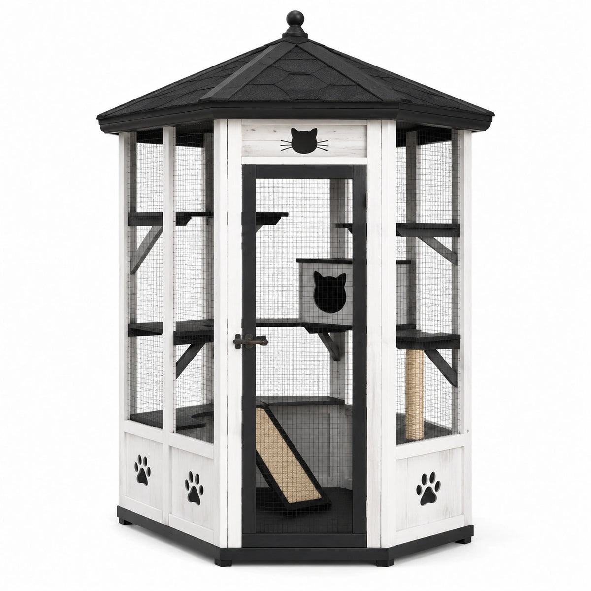 Katzengehege aus Holz und Metallgitter, 120 × 120 × 190 cm, Weiß/Schwarz/Natur, mit Ebenen, Rückzugshöhle und Sisalrampe