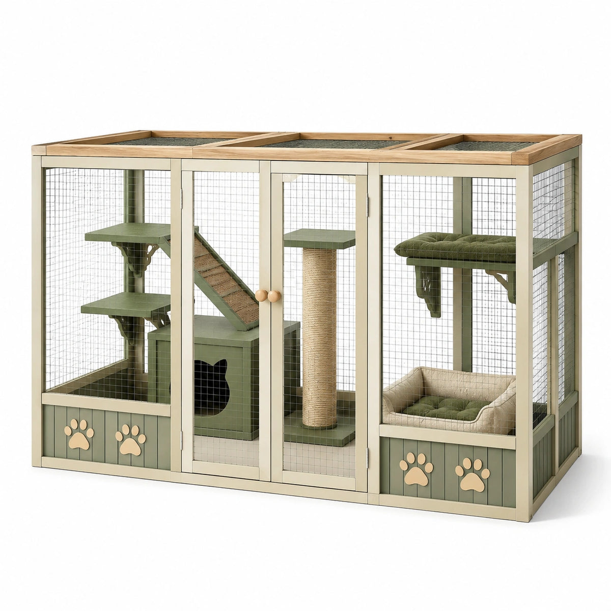 Katzengehege 180 × 90 × 170 cm aus Holz und Metallgitter in Grün, Beige und Naturholz mit Plattformen, Kratzsäule und Rampe