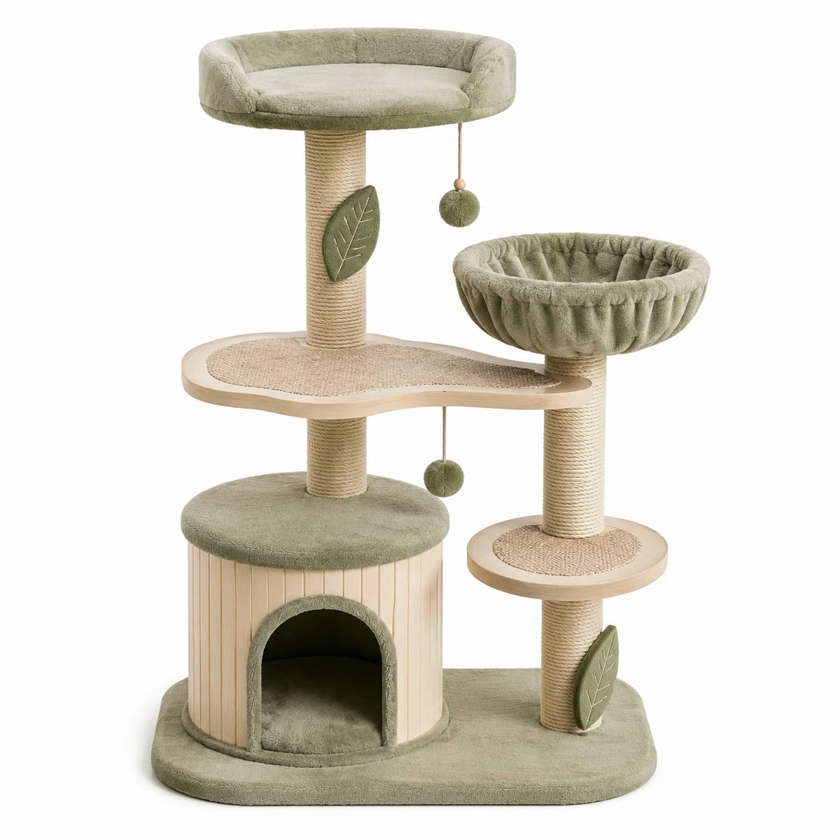 Katzenkratzbaum 60 × 50 × 120 cm in Grün und Beige mit Sisalstämmen, Liegeflächen und Spielbällen