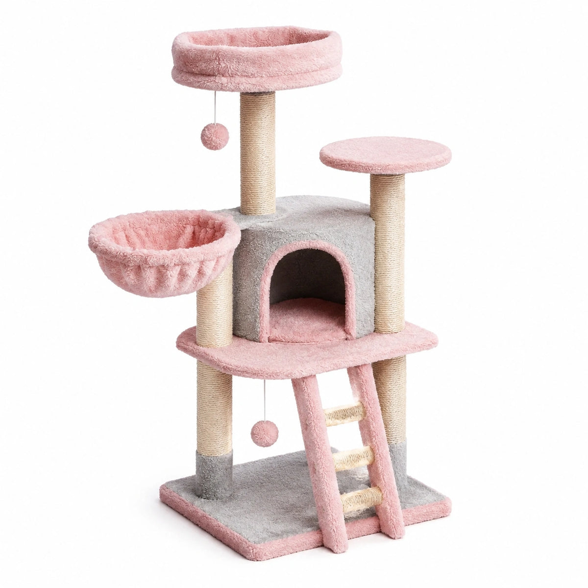Katzenkratzbaum 60 x 50 x 120 cm mit Höhle, Hängemulde, Leiter und Spielbällen in Rosa, Grau und Beige