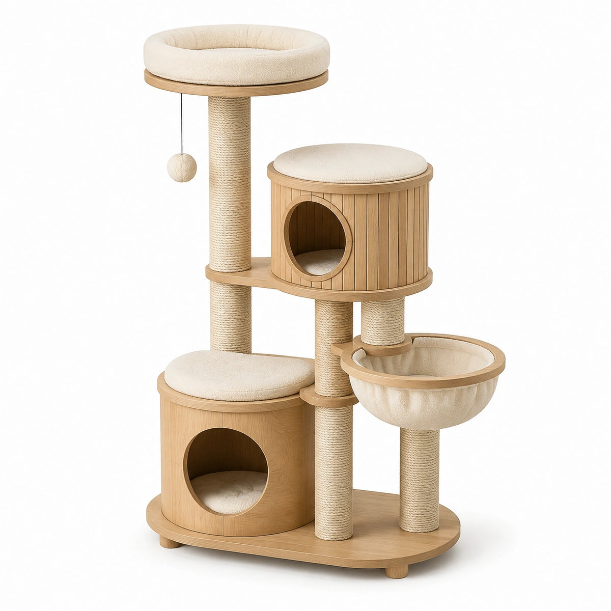 Katzenkratzbaum 60 × 50 × 150 cm aus Holz und Sisal in Beige/Hellbraun mit 2 Höhlen, Hängematte und Liegeflächen