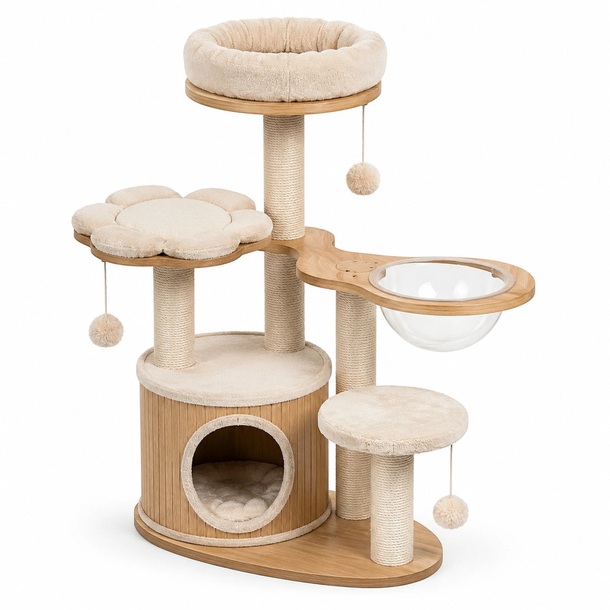 Kratzbaum 120 × 60 × 150 cm aus Holz, Sisal und Plüsch in Beige/Naturholz mit Höhle, Liegeflächen und Spielbällen
