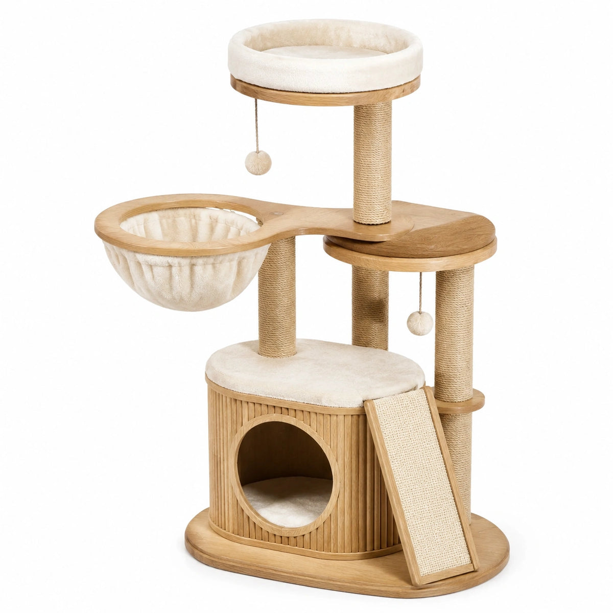 Katzen-Kratzbaum aus Holz, Sisal und Plüsch, 60 × 60 × 135 cm, Natur/Cremeweiß, mit Höhle, Hängemulde und Rampe