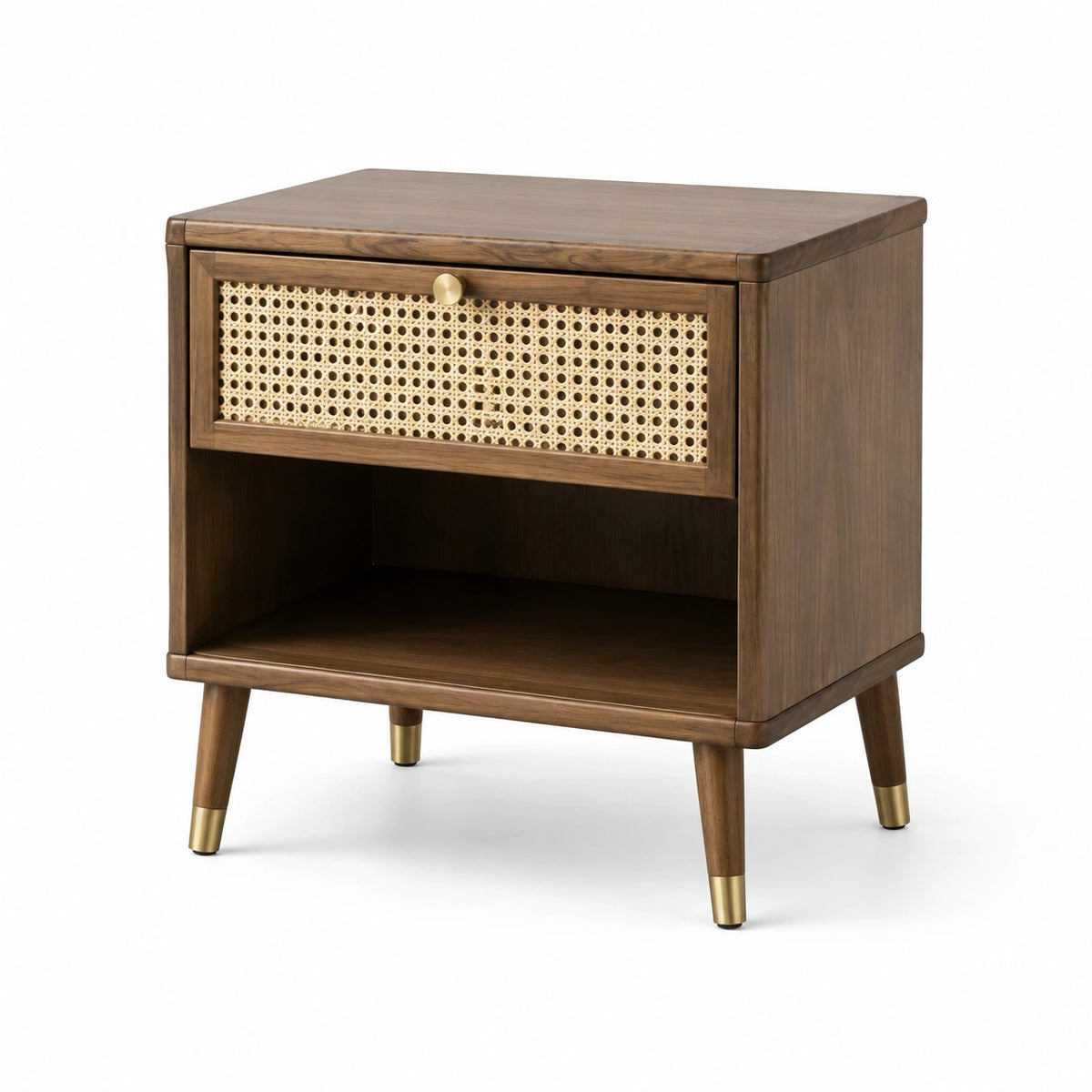 Nachttisch 50 × 40 × 55 cm Braun mit naturfarbenem Rattangeflecht und goldfarbenen Akzenten