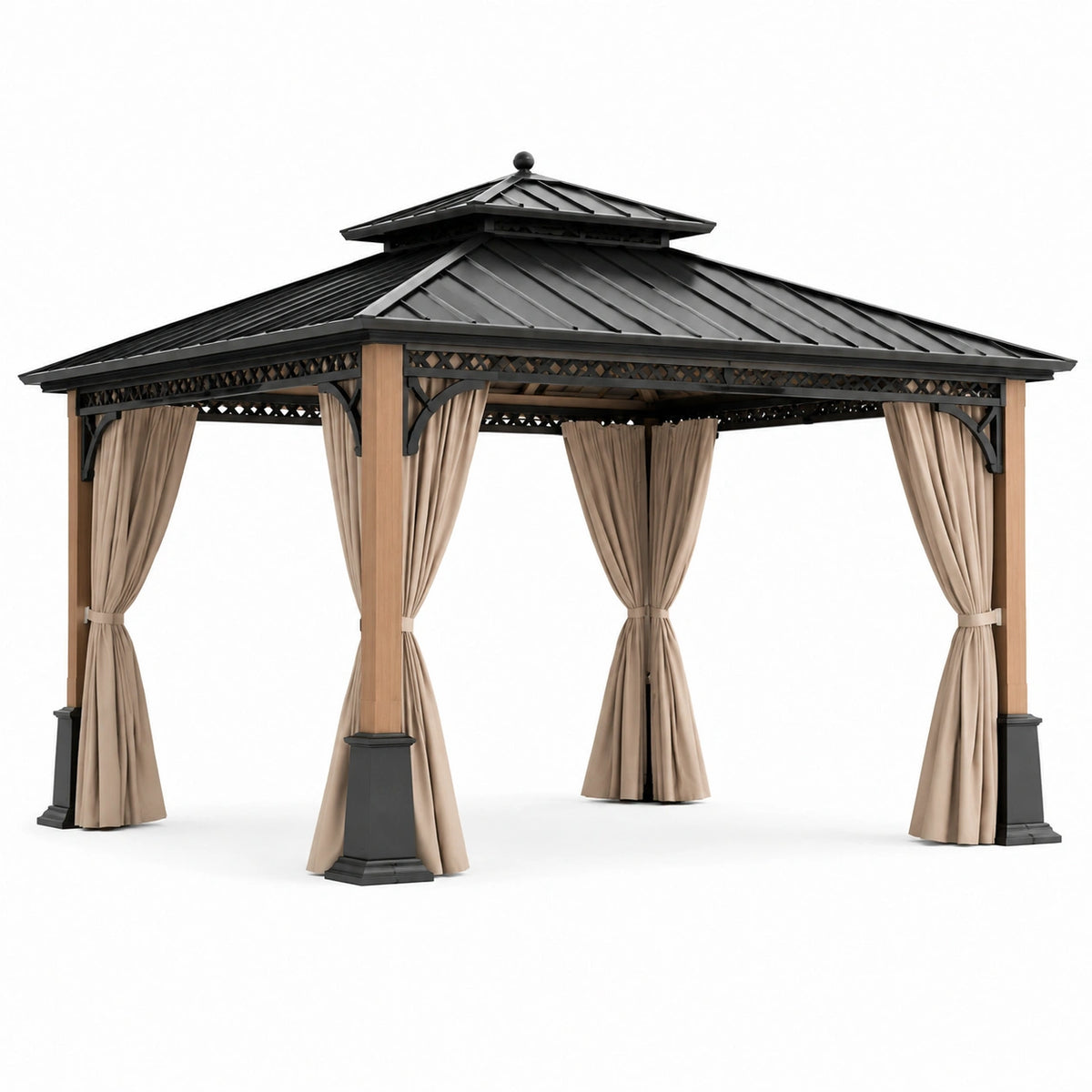 Gartenpavillon 400 × 300 × 300 cm mit Vorhängen in Braun, Schwarz und Beige