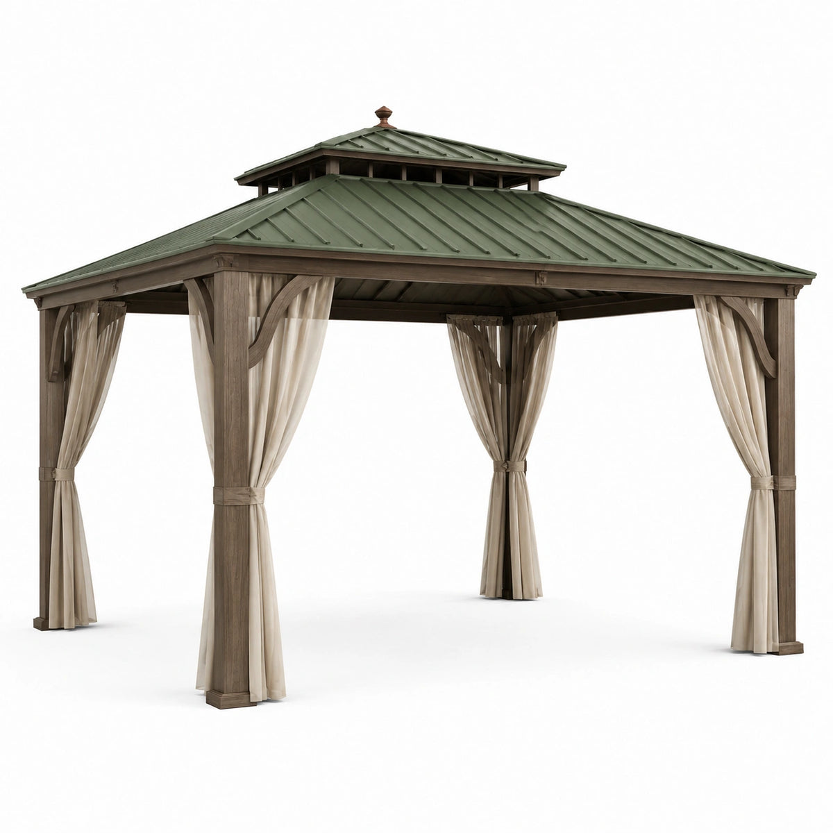 Gartenpavillon 400 × 300 × 300 cm mit grünem Metalldoppeldach, Holzoptik und beigen Vorhängen