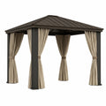 Gartenpavillon 300 × 300 × 280 cm aus Metall in Anthrazit mit beigen Vorhängen und festem Walmdach