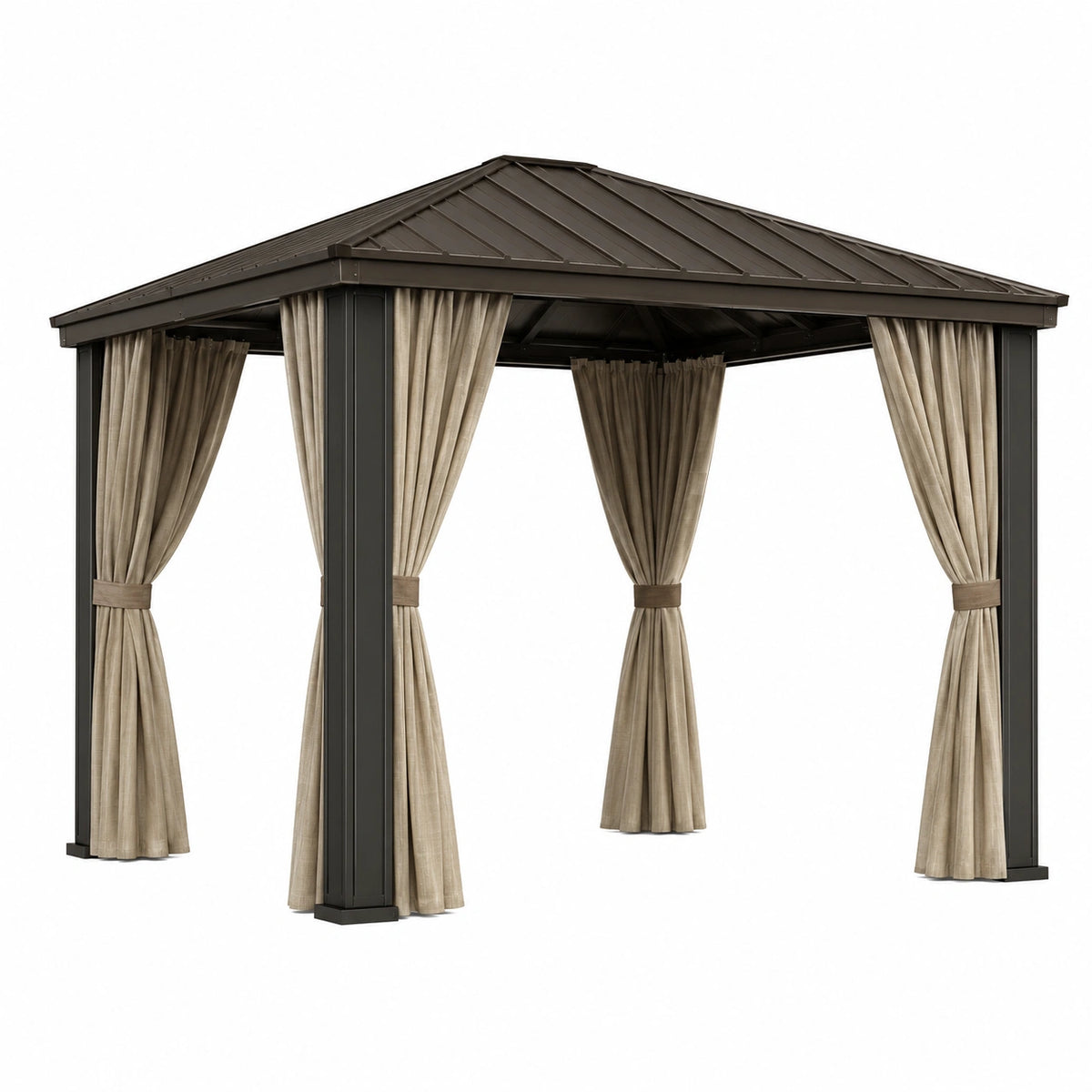 Gartenpavillon 300 × 300 × 280 cm aus Metall in Anthrazit mit beigen Vorhängen und festem Walmdach