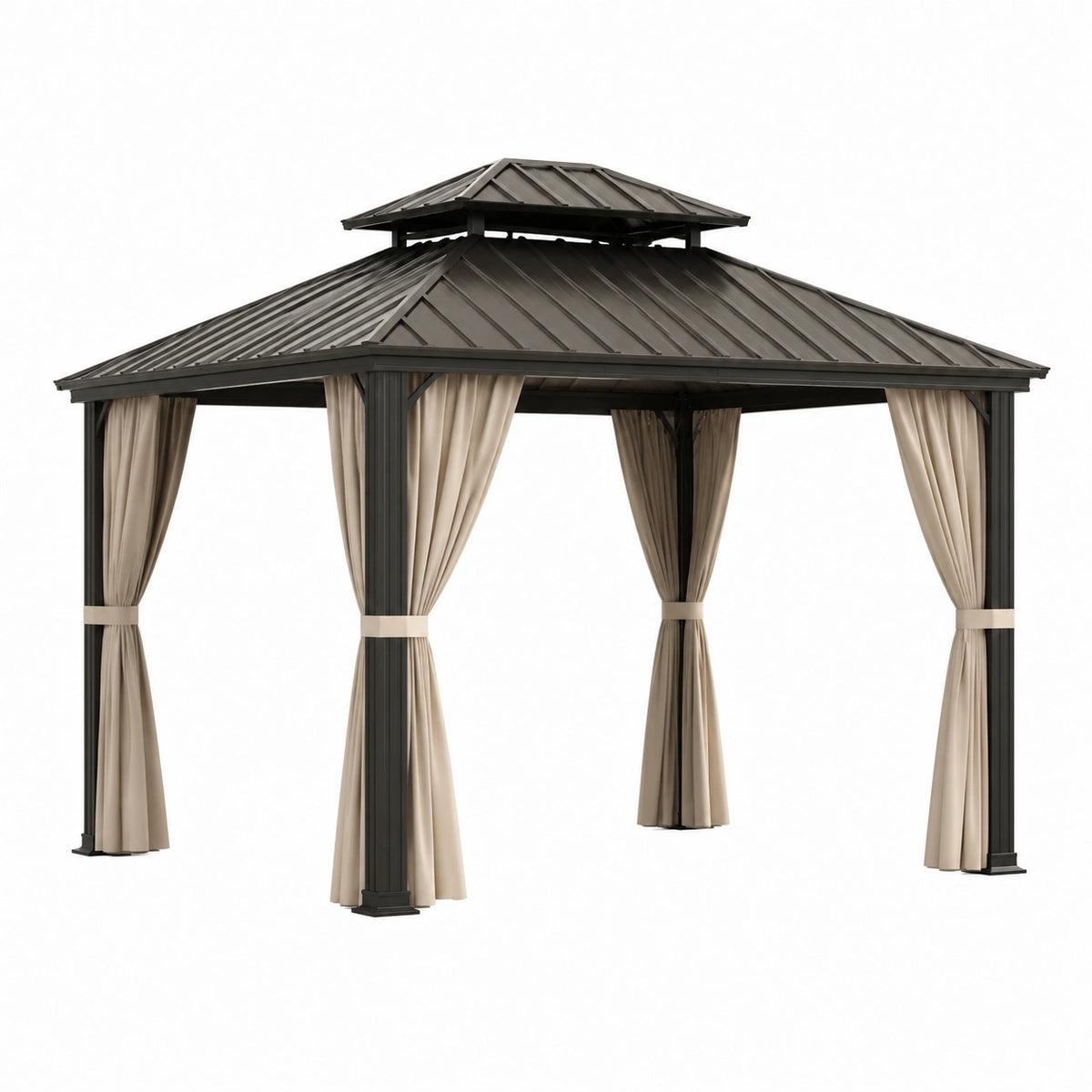 Metallpavillon 300 × 300 × 300 cm in Anthrazit mit beigen Seitenvorhängen und Metalldach