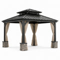 Gartenpavillon 300 × 300 × 300 cm aus schwarzem Metall mit beigen Vorhängen und Doppeldach