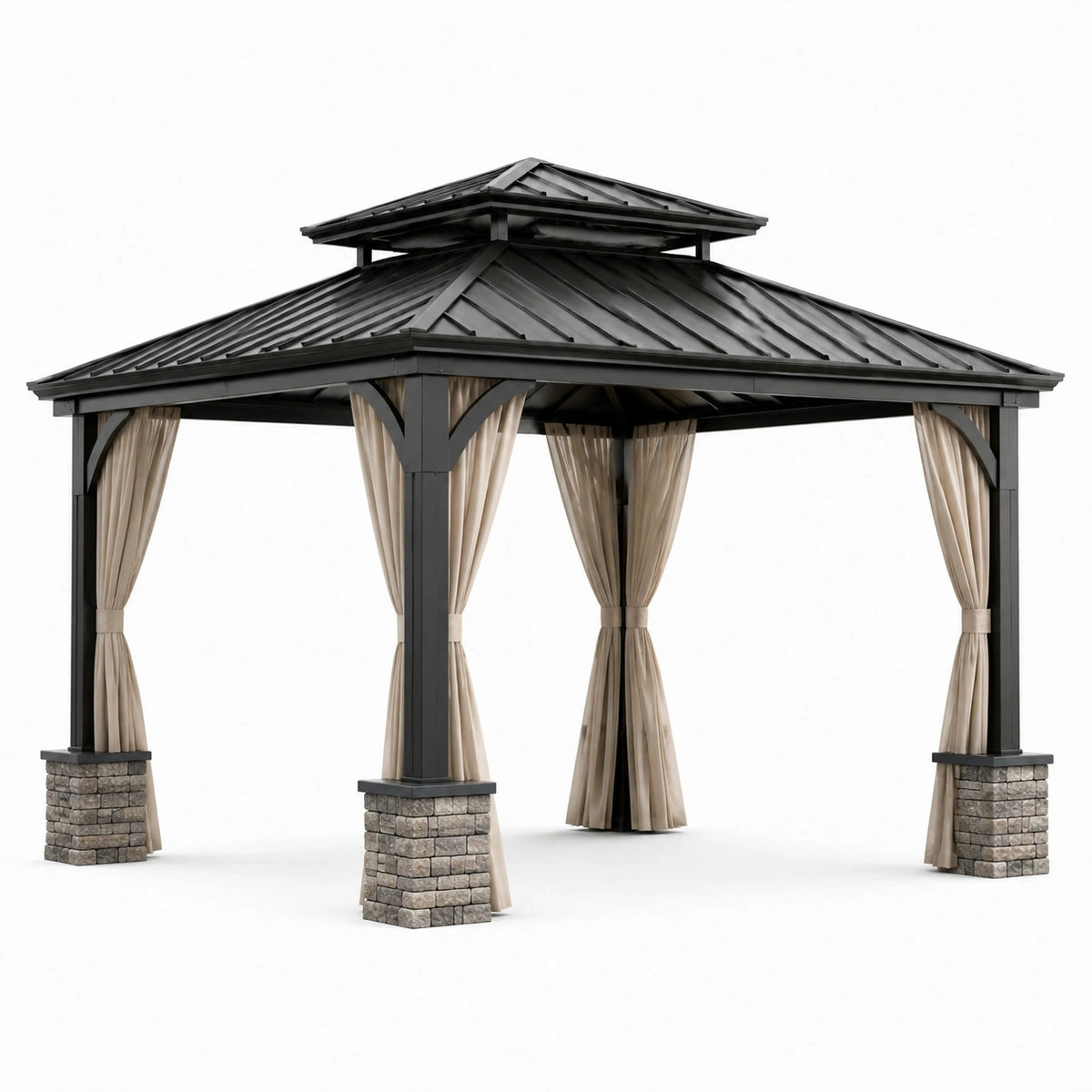Gartenpavillon 300 × 300 × 300 cm aus schwarzem Metall mit beigen Vorhängen und Doppeldach