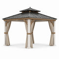 Gartenpavillon 300 × 300 × 300 cm aus Holz, Metall und Textil mit beigen Vorhängen, grauem Dach und hellbraunen Details