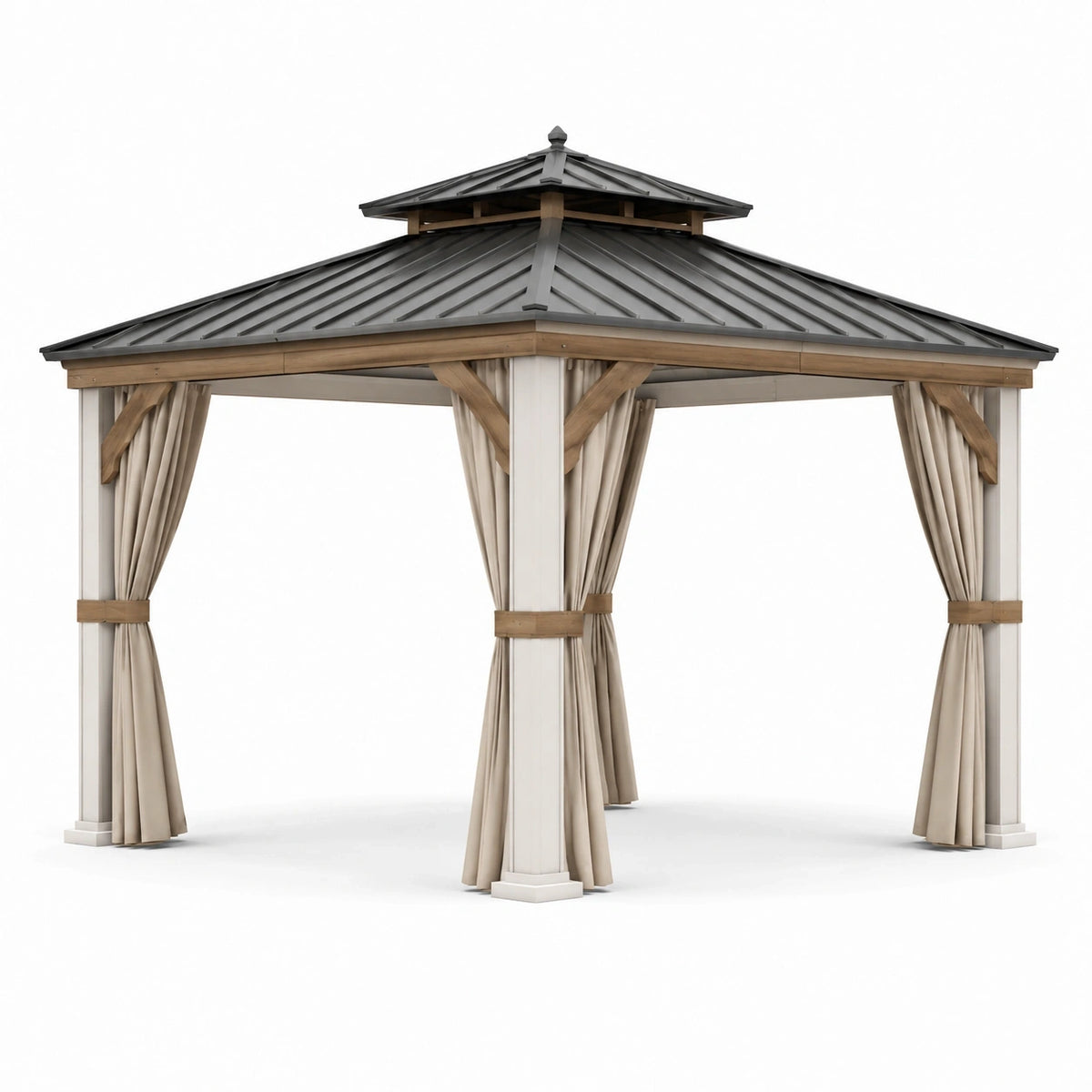 Gartenpavillon 300 × 300 × 300 cm aus Holz, Metall und Textil mit beigen Vorhängen, grauem Dach und hellbraunen Details