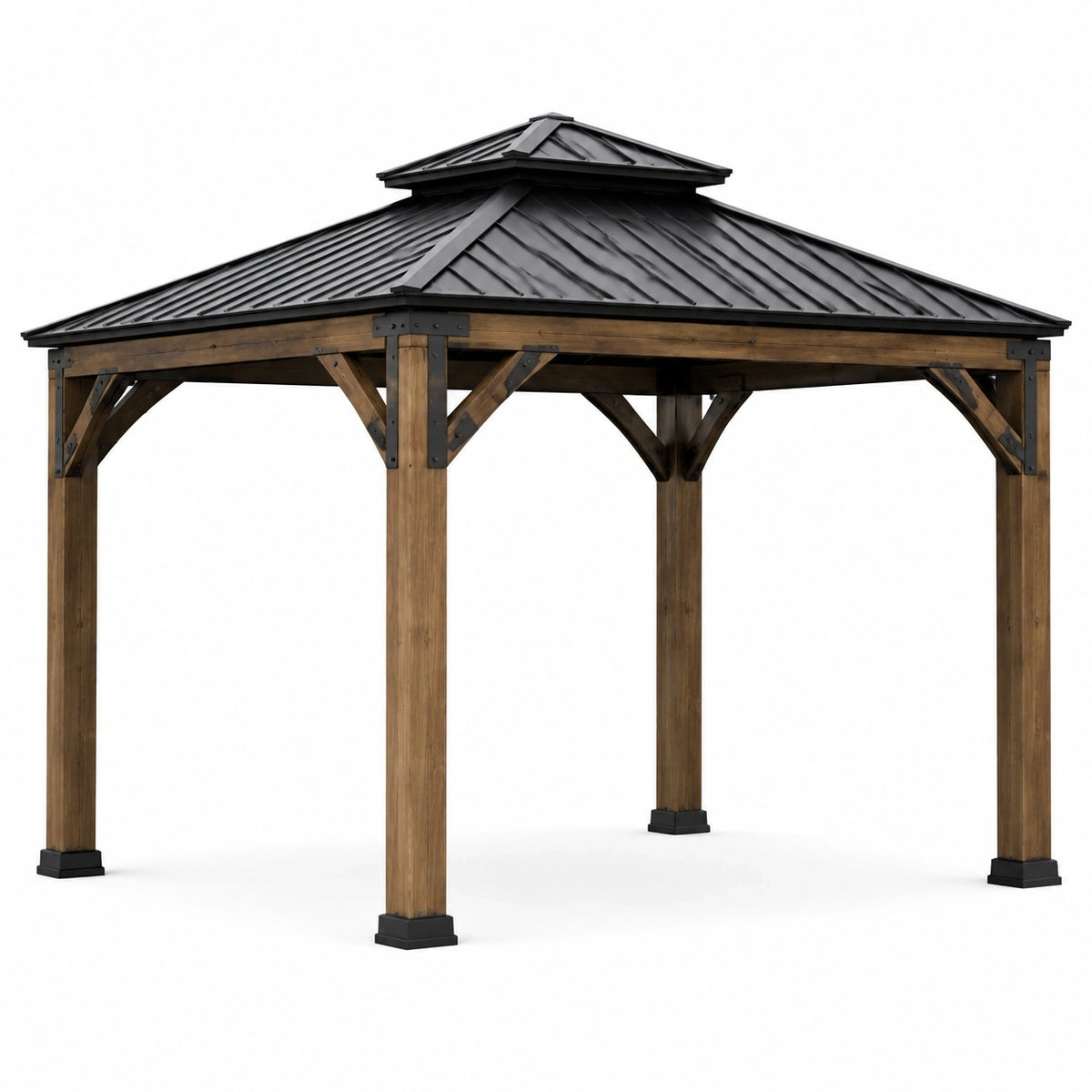 Gartenpavillon aus Holz und Metall mit Walmdach, 400 × 400 × 300 cm, Braun/Schwarz