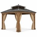 Gartenpavillon 300 × 300 × 310 cm mit Vorhängen, Metalldach in Braun, Schwarz und Beige