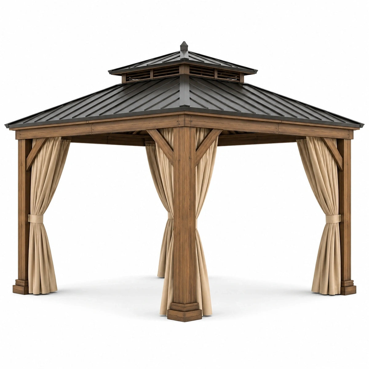 Gartenpavillon 300 × 300 × 310 cm mit Vorhängen, Metalldach in Braun, Schwarz und Beige