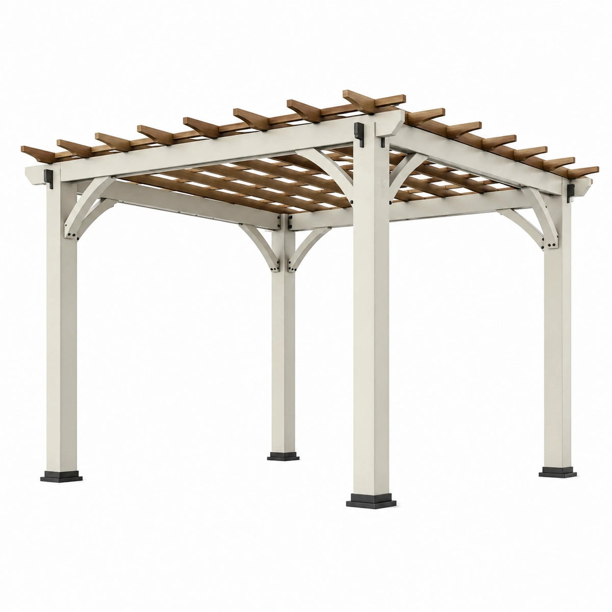 Pergola 300 × 300 × 240 cm aus Metall in Weiß/Braun mit offenen Dachleisten in Holzoptik