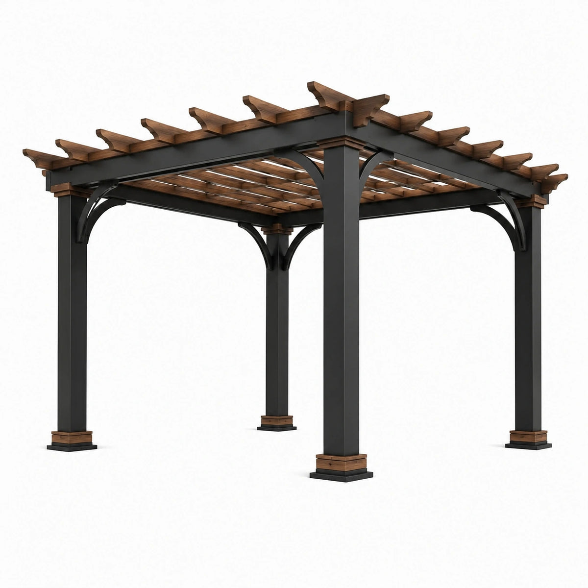 Freistehende Pergola aus Metall und Holz, Braun/Schwarz, 300 × 300 × 240 cm, mit offenem Lattendach
