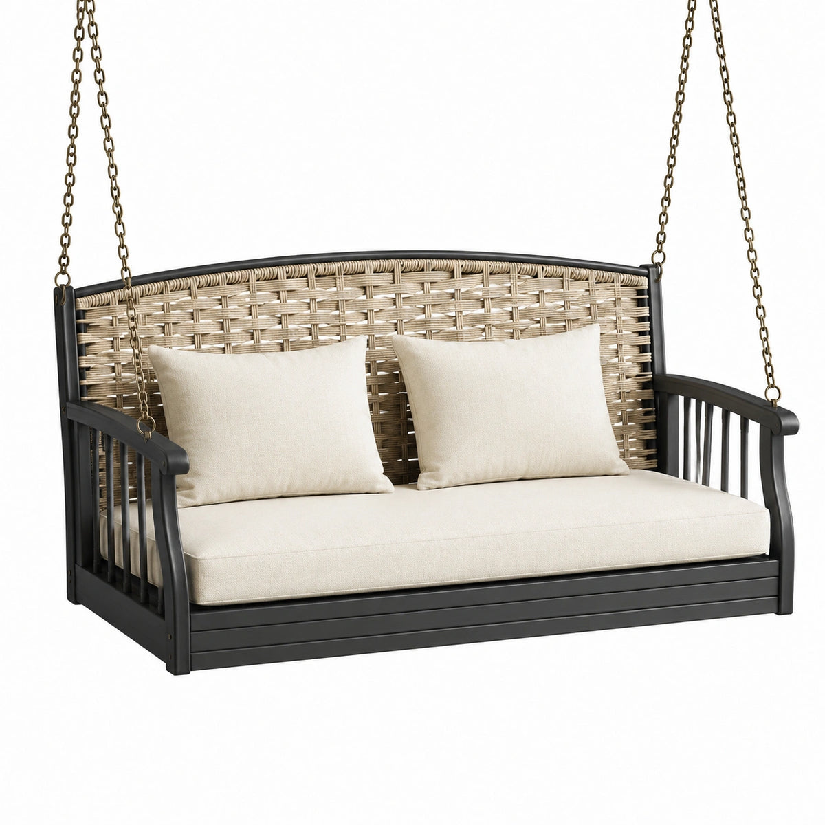 Hängesofa für 2 Personen, 125 × 75 × 110 cm, Metall und Kunststoffgeflecht, Schwarz/Beige, mit Kettenaufhängung