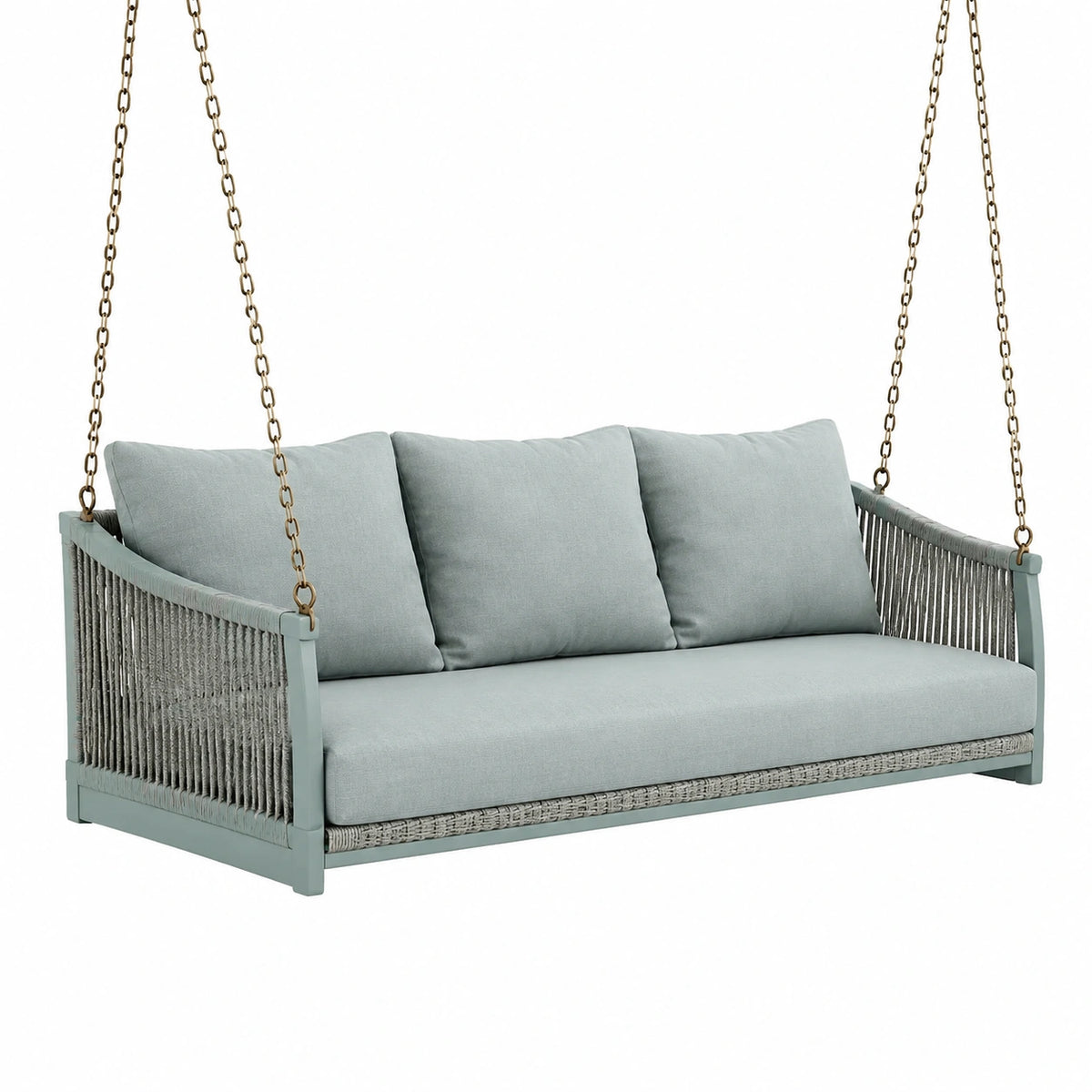 Hängesofa mit Holzgestell und Seilbespannung, 180 × 80 × 65 cm, Graugrün/Grau/Braun