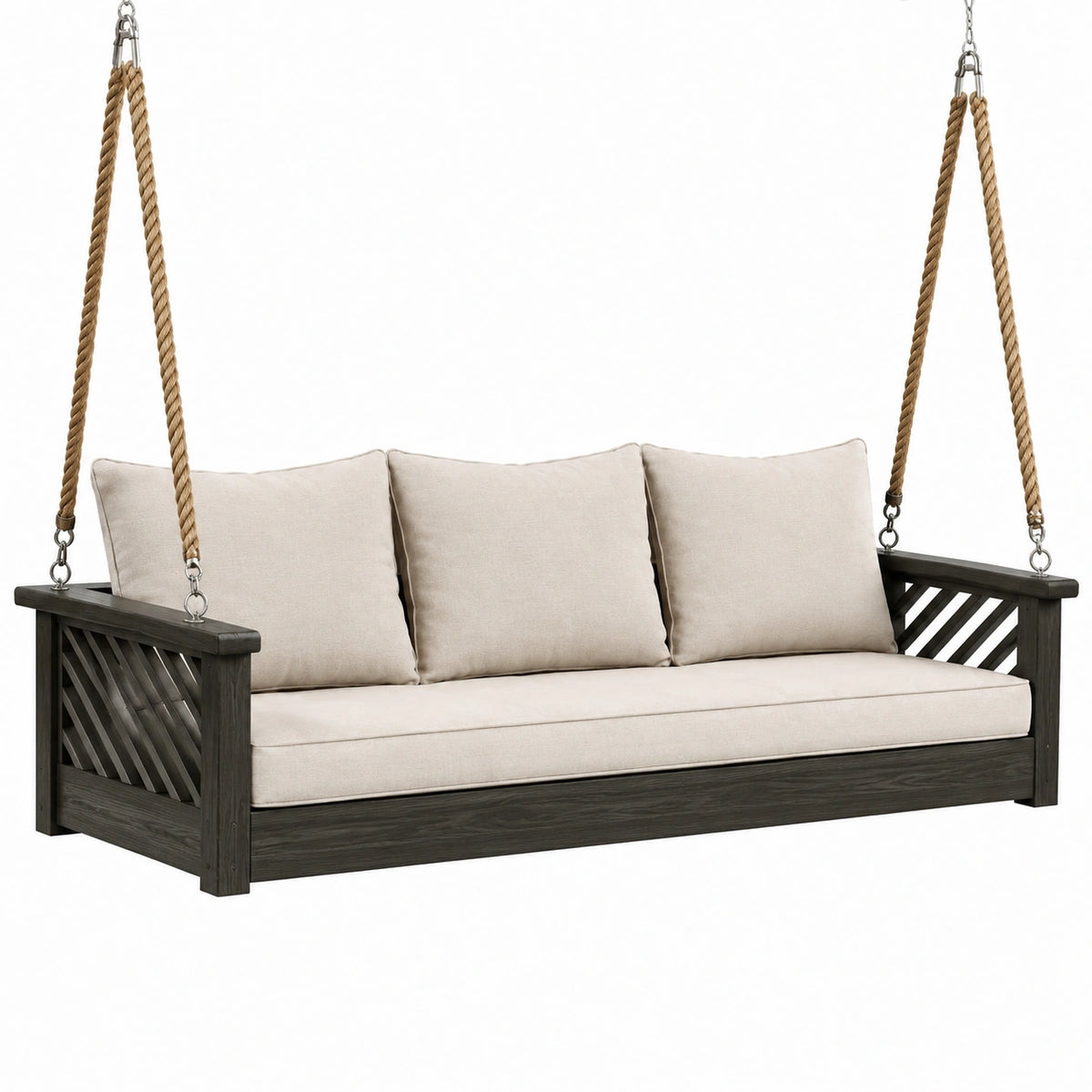 Holz-Hängeschaukel mit Seilaufhängung, Schwarz/Beige/Braun, 180 × 75 × 180 cm
