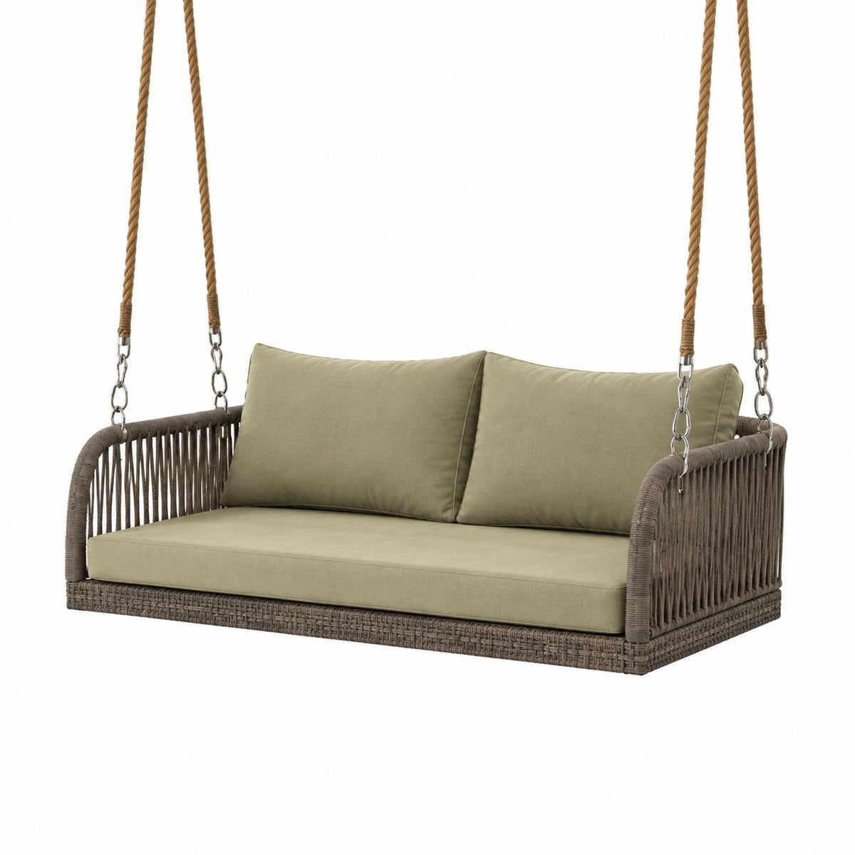 Hängesofa 120 × 70 × 55 cm aus Polyrattan in Taupe mit olivgrünen Polstern und Seilaufhängung