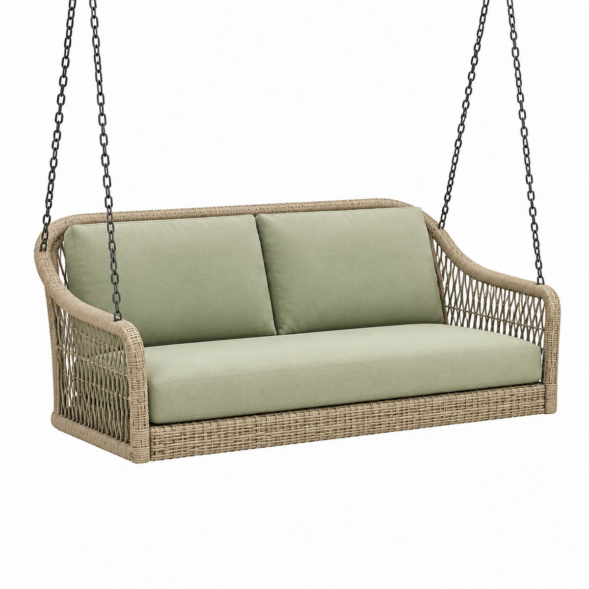 Hängesofa aus Kunststoffgeflecht mit grünen Polstern, Natur/Grün/Schwarz, 150 × 75 × 70 cm